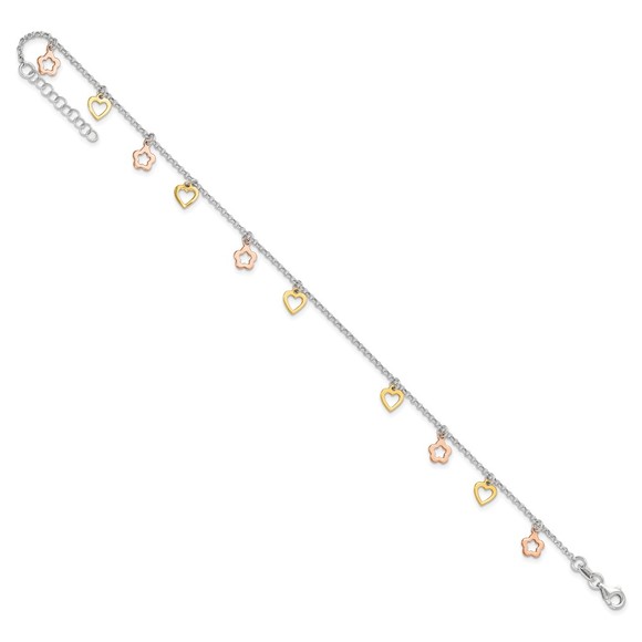 925 Sterling Silver Gold and Rose-tone Heart Charm Flower 9" + 1" ext. Anklet - Picture 7 of 7
